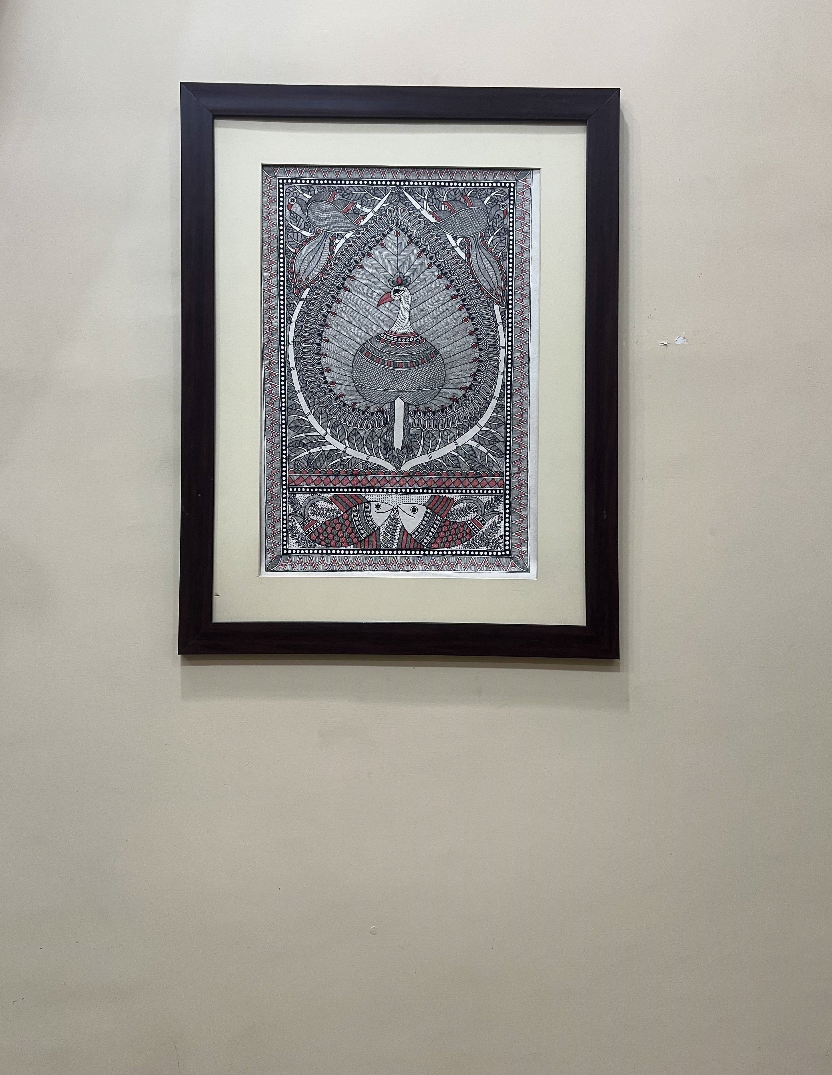 Handpainted Madhubani Painting on Handmade Paper - Peacock